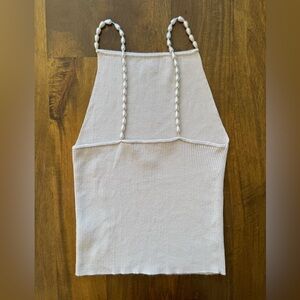 House of Harlow cream rib knit faux pearl strap crop‎ tank top women S